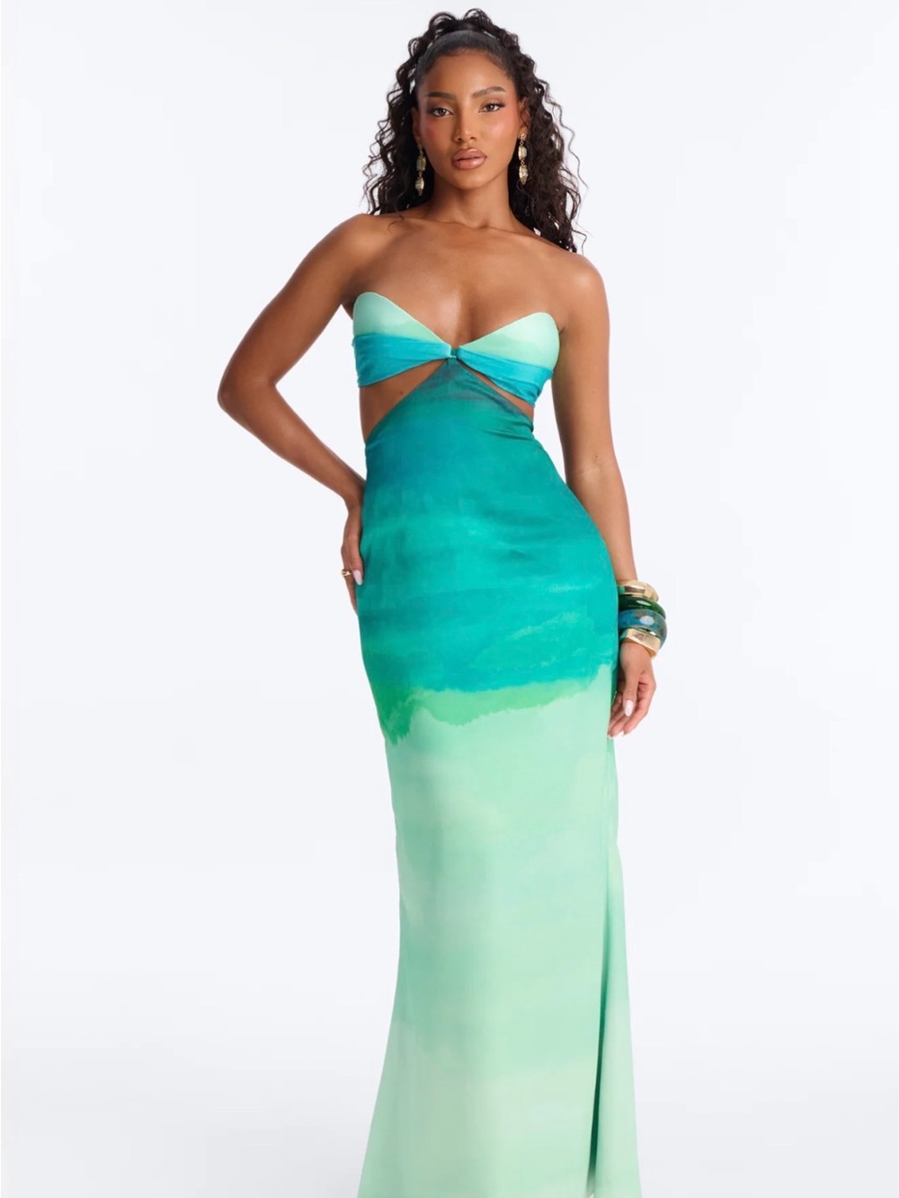 Fashion Nova Teal to Mint Ombre Strapless Cutout Gown